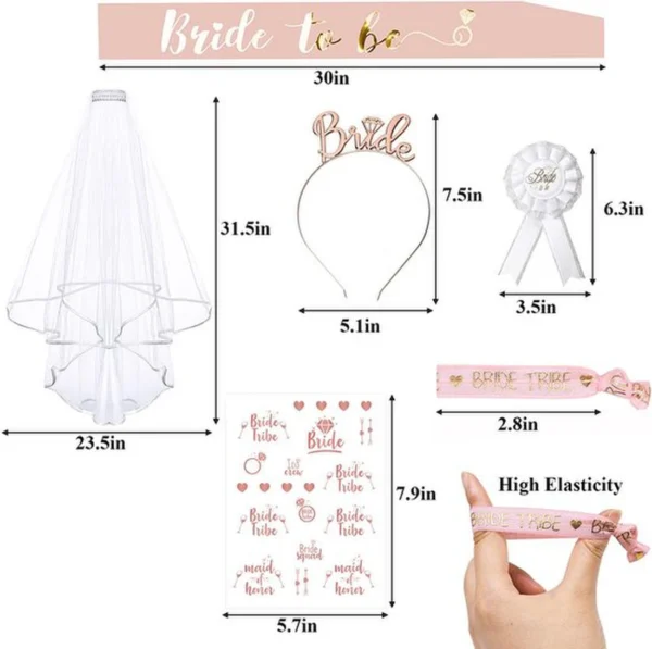 Unyqoos® Elegant Vrijgezellenfeest Accessoireset met Armbanden, Sluier, Tiara en Badge voor Vrouwen