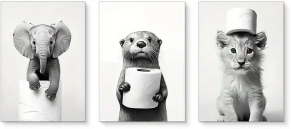 Unyqoos® Set van drie grappige zwart-wit posters voor badkamer en toilet decoratie