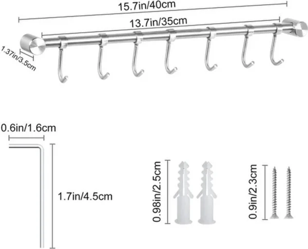 Unyqoos® Roestvrijstalen ophangrail met 7 haken voor keuken en badkamer
