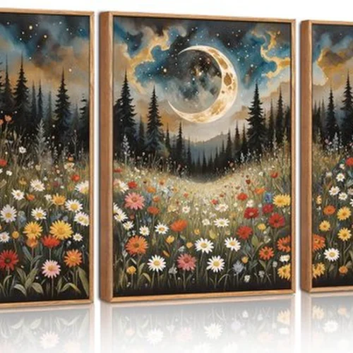 Unyqoos® Ingelijste canvas set met avondbloemen en bergen voor sfeervol interieur