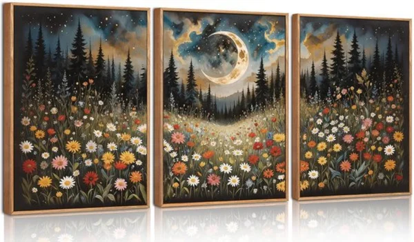 Unyqoos® Ingelijste canvas set met avondbloemen en bergen voor sfeervol interieur