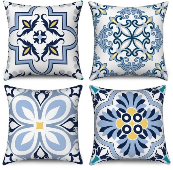 Unyqoos® Set van 4 decoratieve kussenslopen met boho-geometrische prints in blauw en geel