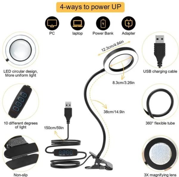 Unyqoos® Dimbare LED Vergrootlamp met Flexibele Zwanenhals en Clip voor Werktafels