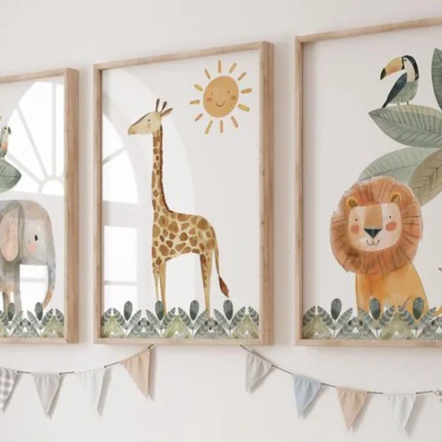 P-87213231644300-20260406123101.webp Unyqoos® Set van 3 kleurrijke safaridieren prints voor kinderkamer decoratie