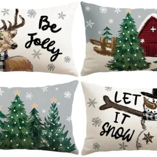 P-87213231647510-20260406111619.webp Unyqoos® Set van vier kussenslopen met sneeuwpop en eland design voor kerstdecoratie