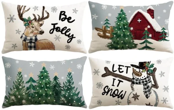 Unyqoos® Set van vier kussenslopen met sneeuwpop en eland design voor kerstdecoratie