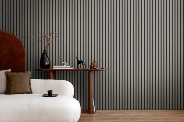 P-87213231729300-20260405112927.webp Unyqoos® Stijlvol vliesbehang met houtlook en wandpaneelmotief in grijs en zwart