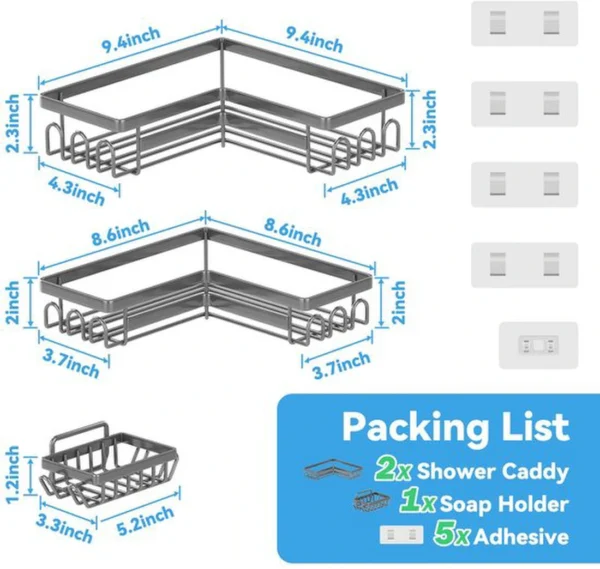 Unyqoos® Set van drie grijze doucheplanken zonder boren met haken voor badkamer en keuken