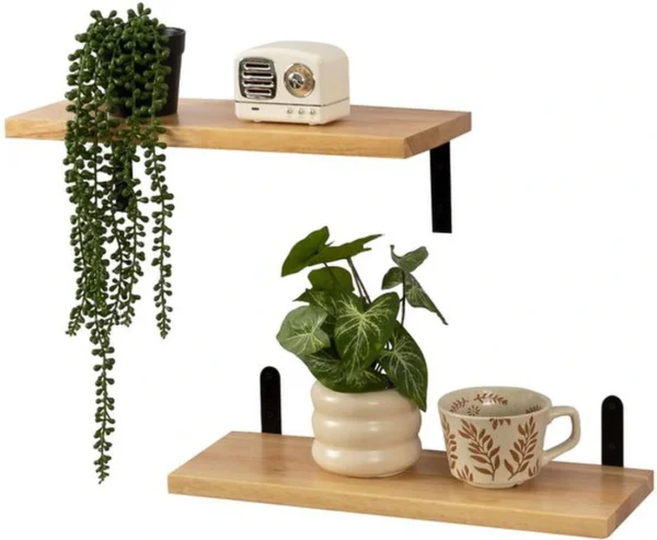 P-87213231844210-20260406080832.webp Unyqoos® Set van twee eikenhouten zwevende wandplanken met zwarte klemmen