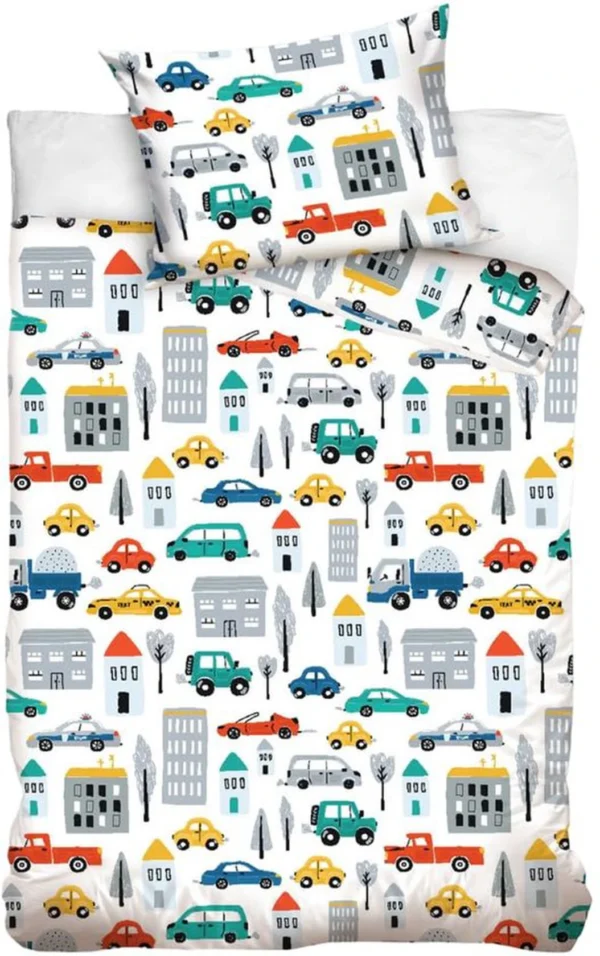 Unyqoos® Speels Kinderbeddengoed met Voertuigthema voor Jongens, 100% Katoen, 100 x 135 cm, Inclusief Kussensloop