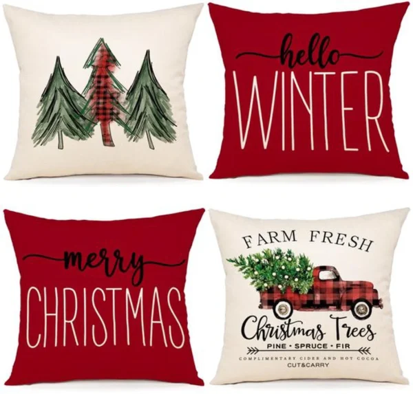 P-87213232011420-20260406110755.webp Unyqoos® Set van 4 decoratieve kussenhoezen met dennenmotief voor feestelijke sfeer
