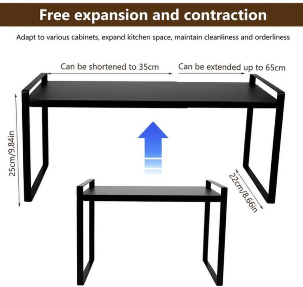 P-87213232118514-20260406102741.webp Unyqoos® Uitschuifbaar en Stapelbaar Keukenrek voor Kasten en Werkbladen - Verstelbaar van 35-65cm