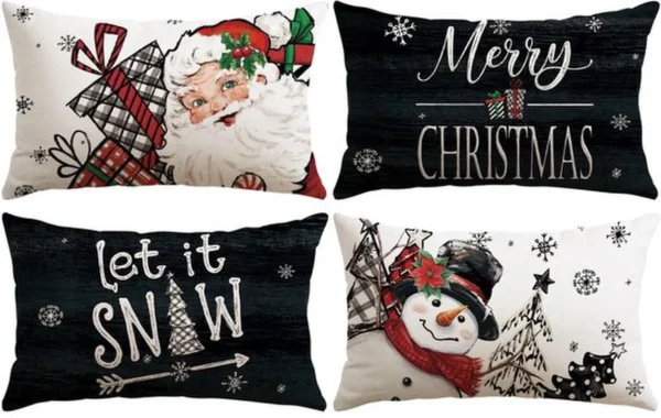 P-87213232197340-20260406111155.webp Unyqoos® Set van 4 decoratieve kerstkussenhoezen met sneeuwpop en kerstman motieven