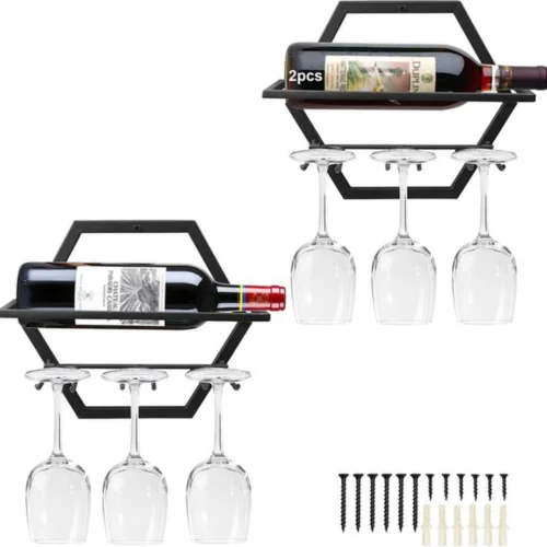 P-87213232237550-20260406110144.webp Unyqoos® Stijlvol metalen wandrek voor wijnflessen en glazen voor keuken en bar