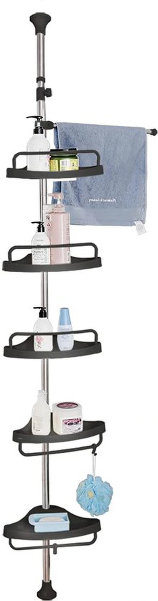 Unyqoos® Verstelbaar hoekrek voor badkamer zonder boren met vijf planken en handdoekhouder