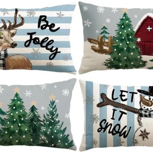 P-87213232319650-20260406111704.webp Unyqoos® Set van vier kerstkussenslopen met sneeuwpop en eland motief in blauw en grijs