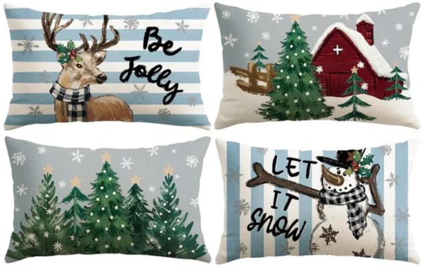 P-87213232319650-20260406111704.webp Unyqoos® Set van vier kerstkussenslopen met sneeuwpop en eland motief in blauw en grijs