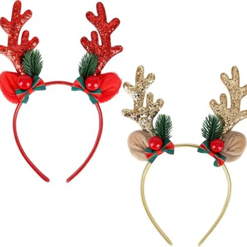 P-87213232449410-20260406093725.webp Unyqoos® Set van twee feestelijke rendiergewei haarbanden met glitter en rode ballen