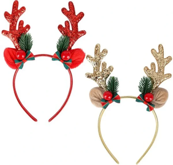 P-87213232449410-20260406093725.webp Unyqoos® Set van twee feestelijke rendiergewei haarbanden met glitter en rode ballen