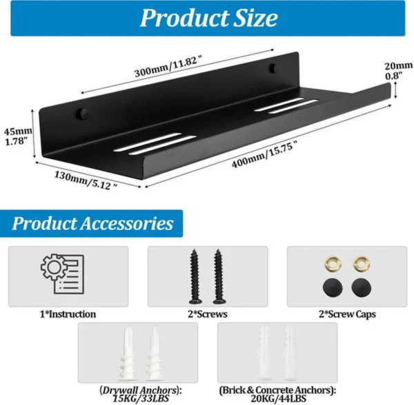 Unyqoos® Zwart Metalen Wandrek 40cm Doucherek Voor Badkamer, Keuken, Woonkamer en Slaapkamer - Set van 2