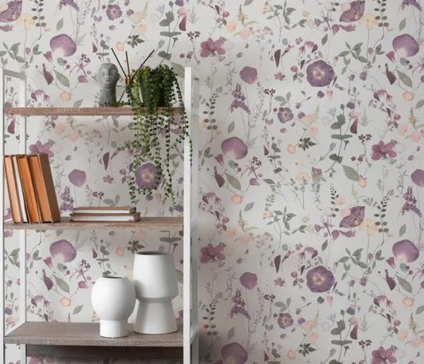 Unyqoos® Hoogwaardig vliesbehang met bloem- en bladmotief in landelijke stijl