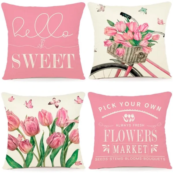 Unyqoos® Set van vier decoratieve linnen kussenslopen met bloemen voor zomerse sfeer