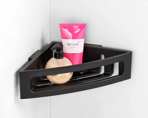 Unyqoos® Zwarte kunststof hoekplank voor badkamer zonder boren met diepe mand