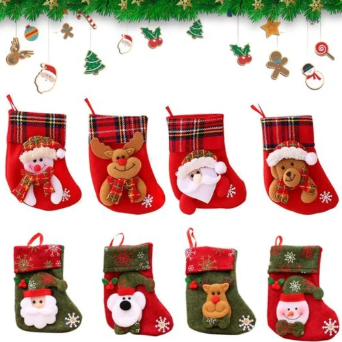Unyqoos® Set van 8 decoratieve mini-kerstkousen met 3D figuren voor feestelijke versiering