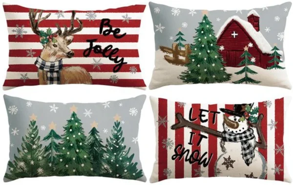 P-87213233002890-20260406112324.webp Unyqoos® Set van 4 feestelijke kussenslopen met sneeuwpop en eland motief