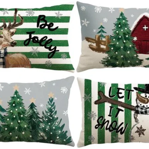 P-87213233156410-20260406111111.webp Unyqoos® Set van vier feestelijke kussenslopen met sneeuwpop en eland voor kerstdecoratie