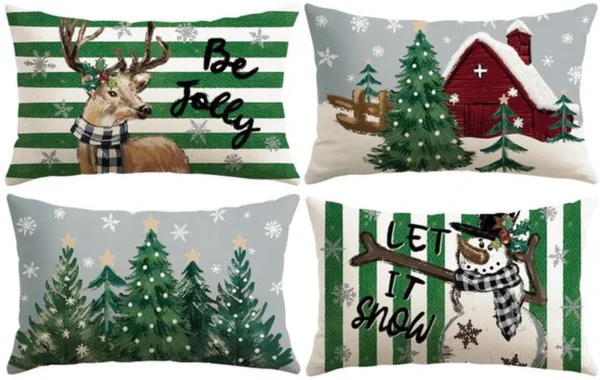 P-87213233156410-20260406111111.webp Unyqoos® Set van vier feestelijke kussenslopen met sneeuwpop en eland voor kerstdecoratie