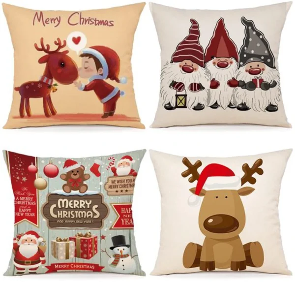 Unyqoos® Set van 4 decoratieve kussenslopen voor kerst in linnen stof 45x45 cm
