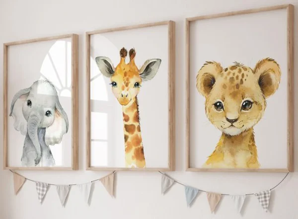 P-87213233275520-20260406123128.webp Unyqoos® Set van drie kleurrijke safari dierenprints voor kinderkamer decoratie