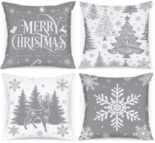 Unyqoos® Set van vier grijze kussenslopen met kerstmotief voor sfeervolle decoratie