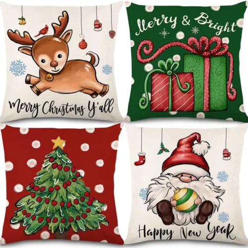 Unyqoos® Set van vier feestelijke kussenhoezen met kerstmotieven voor huisdecoratie