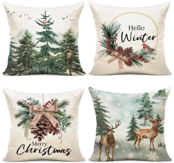 Unyqoos® Set van 4 decoratieve kussenslopen voor kerst in linnenmix 45 x 45 cm