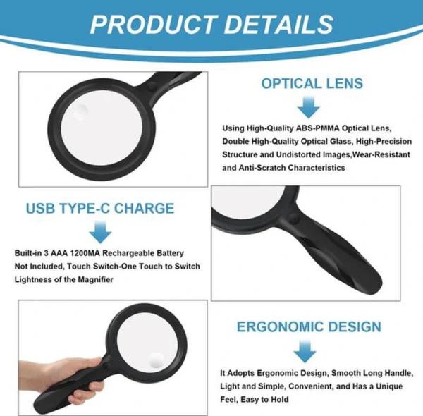 Unyqoos® Handzaam en USB-oplaadbaar vergrootglas met LED-verlichting voor veelzijdig gebruik