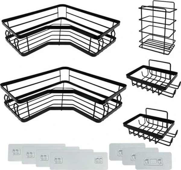 P-87213233581743-20260405173641.webp Unyqoos® Zelfklevende hoekdoucheplank met 12 haken voor badkamer en keuken