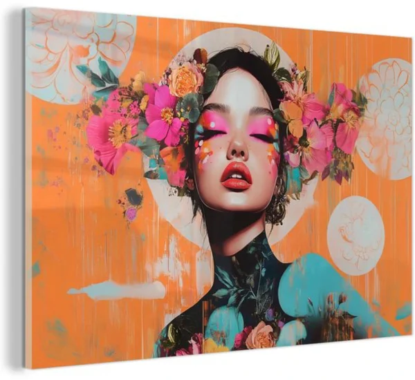Unyqoos® Moderne wanddecoratie op met abstracte bloemen en portret voor woonkamer