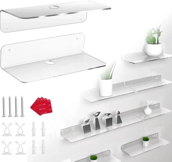P-87213233771130-20260406081009.webp Unyqoos® Set van twee transparante acryl wandplanken voor veelzijdige opslag en presentatie