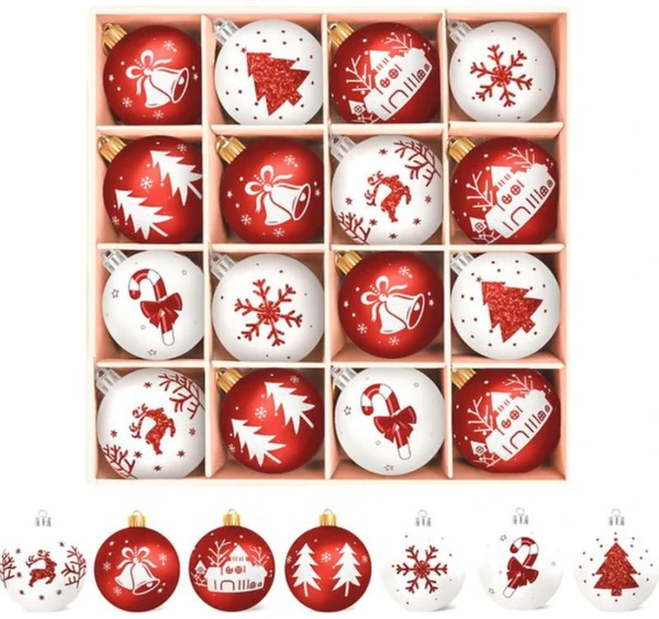 P-87213233907300-20260406093811.webp Unyqoos® Set van 16 rode en witte kunststof kerstballen voor sfeervolle boomdecoratie