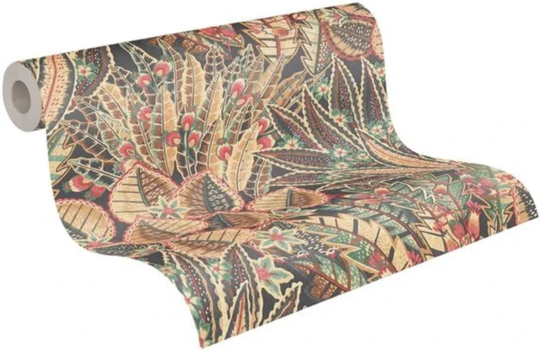 Unyqoos® Hoogwaardig bloemenbehang met palmbladmotief in warme kleuren voor woonkamer, geel-roud-groente-bruin