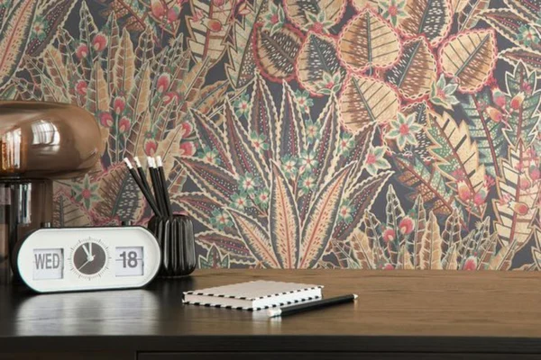 Unyqoos® Hoogwaardig bloemenbehang met palmbladmotief in warme kleuren voor woonkamer, geel-roud-groente-bruin