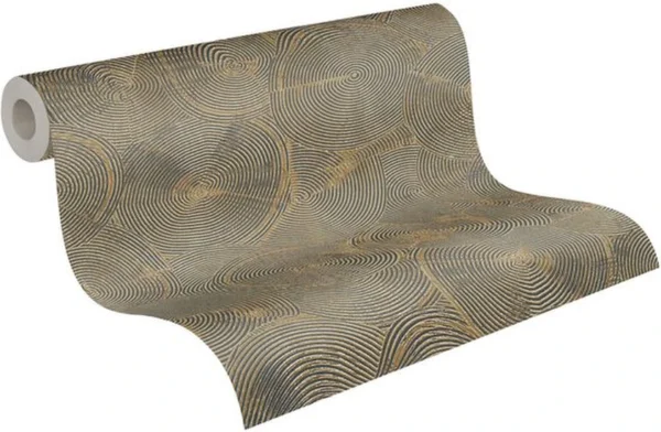 P-87213234002930-20260405113028.webp Unyqoos® Stijlvol vliesbehang met cirkelpatroon in beige, metallic en zwart