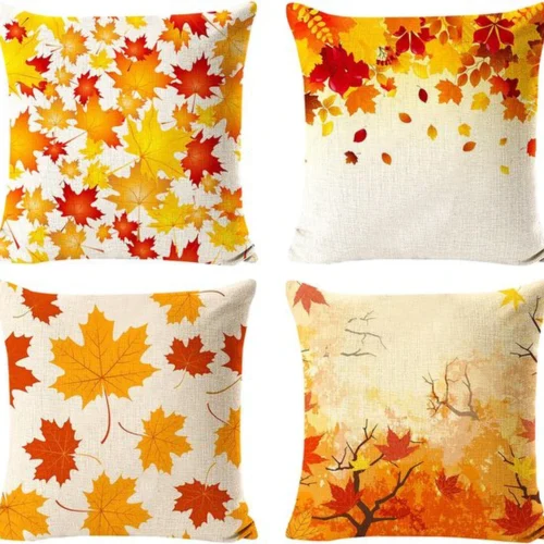 Unyqoos® Set van 4 rustieke kussenhoezen met esdoornbladpatroon voor een sfeervol interieur