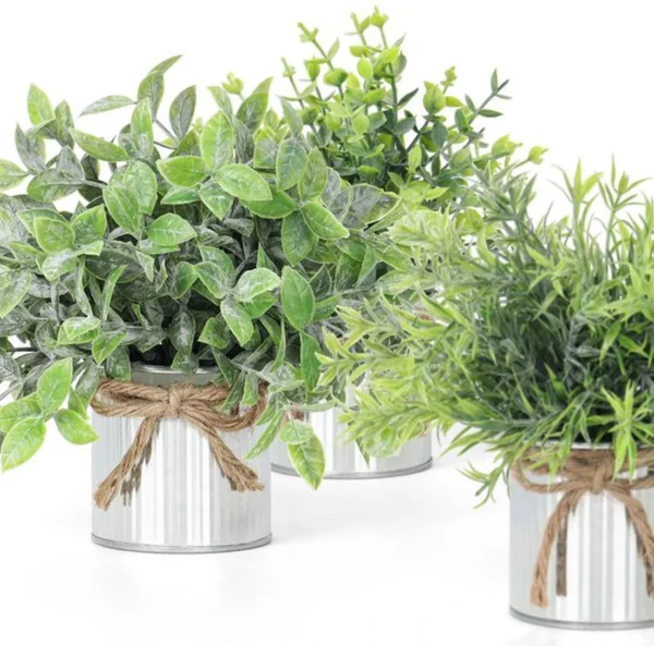 Unyqoos® Set van Drie Realistische Kunstplanten in Metalen Pot voor Binnen en Buiten, groente, 20 cm , 3 stuks