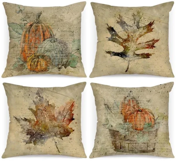 Unyqoos® Set van 4 decoratieve herfstkussenslopen met pompoen en esdoornbladeren