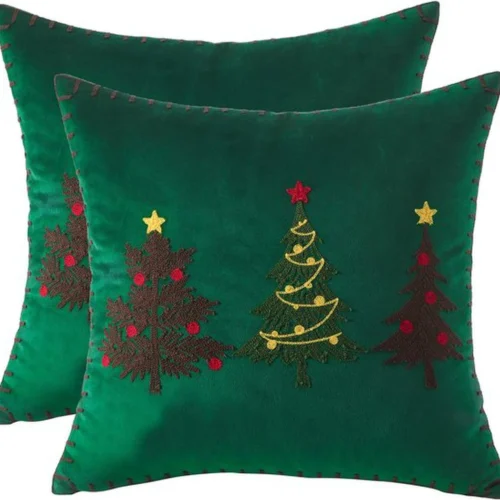 P-87213234167680-20260406111547.webp Unyqoos® Set van 2 fluweelzachte kerst kussenhoezen met groene bomen en sterren