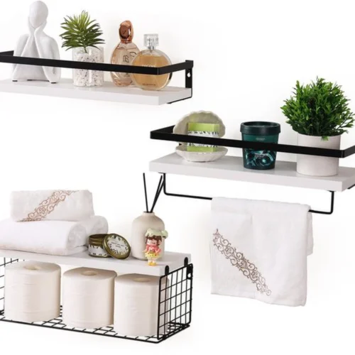 P-87213234444020-20260406081535.webp Unyqoos® Stijlvolle Wandplanken Set van 3 met Handdoekhouder en Metalen Opbergmand voor Meerdere Kamers
