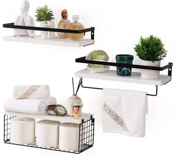 Unyqoos® Stijlvolle Wandplanken Set van 3 met Handdoekhouder en Metalen Opbergmand voor Meerdere Kamers